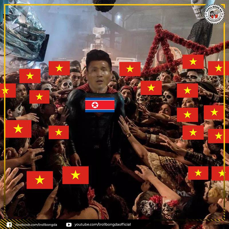Người hâm mộ Việt Nam chung sức cổ vũ cho Triều Tiên ở trận đấu với Lebanon (Ảnh: Troll bóng đá)