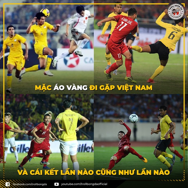 Đội tuyển Malaysia luôn gặp thất bại khi mặc áo vàng thi đấu tại sân đội tuyển Việt Nam, nhưng dường như chưa rút ra được bài học (Ảnh: Troll bóng đá)