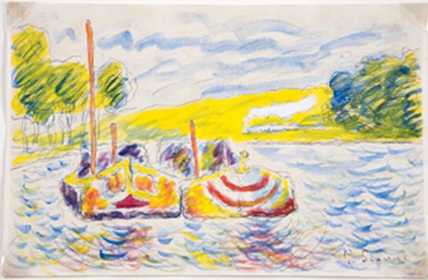 Mark Landis (họa sĩ vẽ tranh giả, người Mỹ, sinh năm 1955), tác phẩm Không đề, màu nước trên giấy, theo phong cách của Paul Signac (Pháp, 1863-1935). Tài sản của Bảo tàng Nghệ thuật Thành phố Oklahoma.