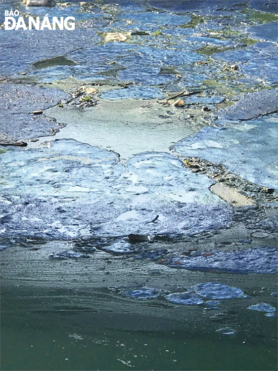 Mặt nước thường xuyên nổi váng, bốc mùi hôi thối tại lòng hồ Bàu Trảng.  (Ảnh do bạn đọc cung cấp). 