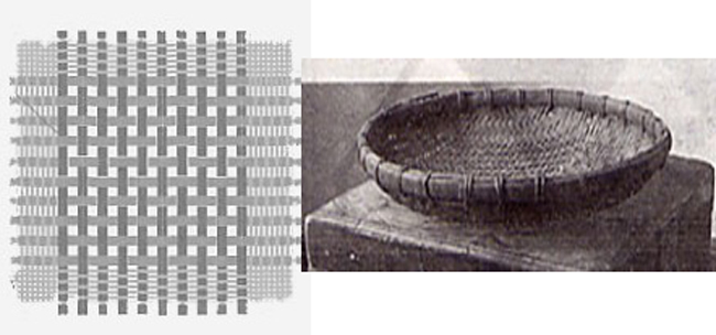 Cái mê rổ: ở giữa là phần đan, chung quanh là phần đát (ảnh trái) và cái rổ hoàn thành sau hai công đoạn cuối cùng là lận (làm cái mê phẳng thành hình cái rổ) và nứt (dùng dây mây buộc vành trong, vành ngoài).