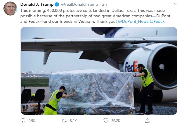 Tổng thống Trump đăng lời cảm ơn Việt Nam giúp Mỹ chống dịch Covid-19