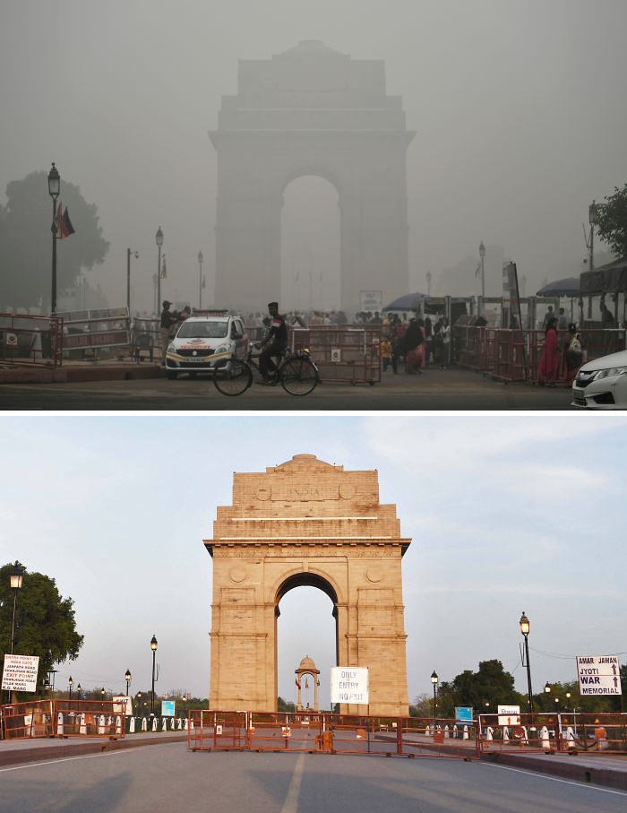 Đài tưởng niệm chiến tranh India Gate tại Ấn Độ trong bức ảnh chụp ngày 17-10-2019 và 8-2-2020, 21 ngày sau lệnh phong tỏa. (Nguồn: boredpanda.com)