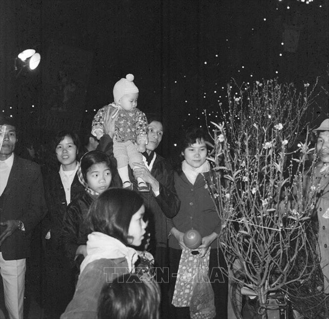 Cả gia đình đi xem hoa tại phố Hàng Lược (Hà Nội) tại Tết Ất Mão (1975). Ảnh: TTXVN