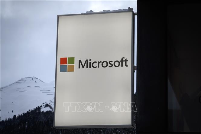Biểu tượng Microsoft tại Davos, Thụy Sĩ, ngày 21-1-2019. Ảnh: AFP/TTXVN