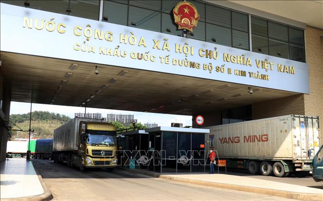 Các xe hàng nông sản chờ làm thủ tục xuất khẩu sang Trung Quốc. Ảnh: Quốc Khánh/TTXVN