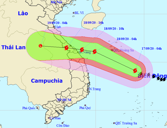 Họa đồ vị trí và hướng di chuyển của bão số 5 (Nguồn: Trung tâm Dự báo khí tượng thủy văn Quốc gia).