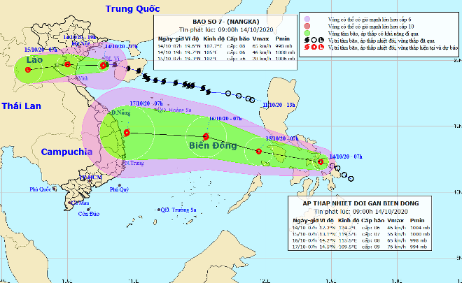 Hòa đồ vị trí và hướng di chuyển của bão số 7, áp thấp nhiệt đới. (Nguồn: Trung tâm Dự báo Khí tượng thủy văn Quốc gia