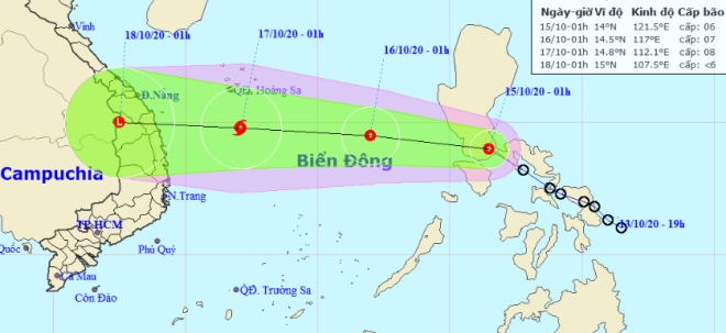 A map detailing the routes of the newly-formed tropical depression heading to the East Sea from 15 to 18 October, 2020. Photo: National Center for Hydro-meteorological Forecasting