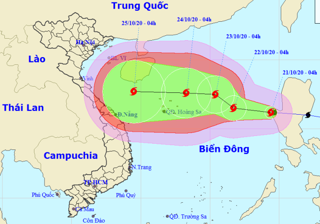 Họa đồ hướng di chuyển của bão số 8 (Nguồn: Đài Khí tượng thủy văn Trung Trung Bộ)