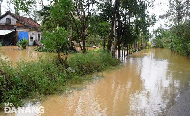 Thêm một số đoạn đường dân sinh ở xã Hòa Tiến (huyện Hòa Vang) bị ngập trong lũ trong sáng 21-10 do lũ trên sông Yên và Vu Gia đang lên. Ảnh: HOÀNG HIỆP 