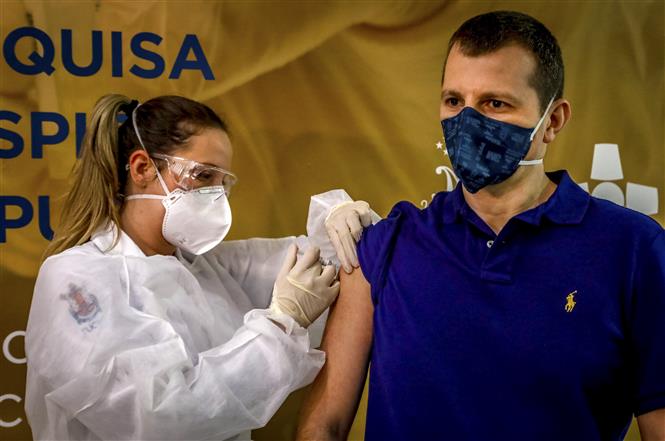 Nhân viên y tế tiêm thử nghiệm vaccine ngừa Covid-19 cho tình nguyện viên tại Porto Alegre, miền Nam Brazil, ngày 8/8/2020. Ảnh: AFP/TTXVN