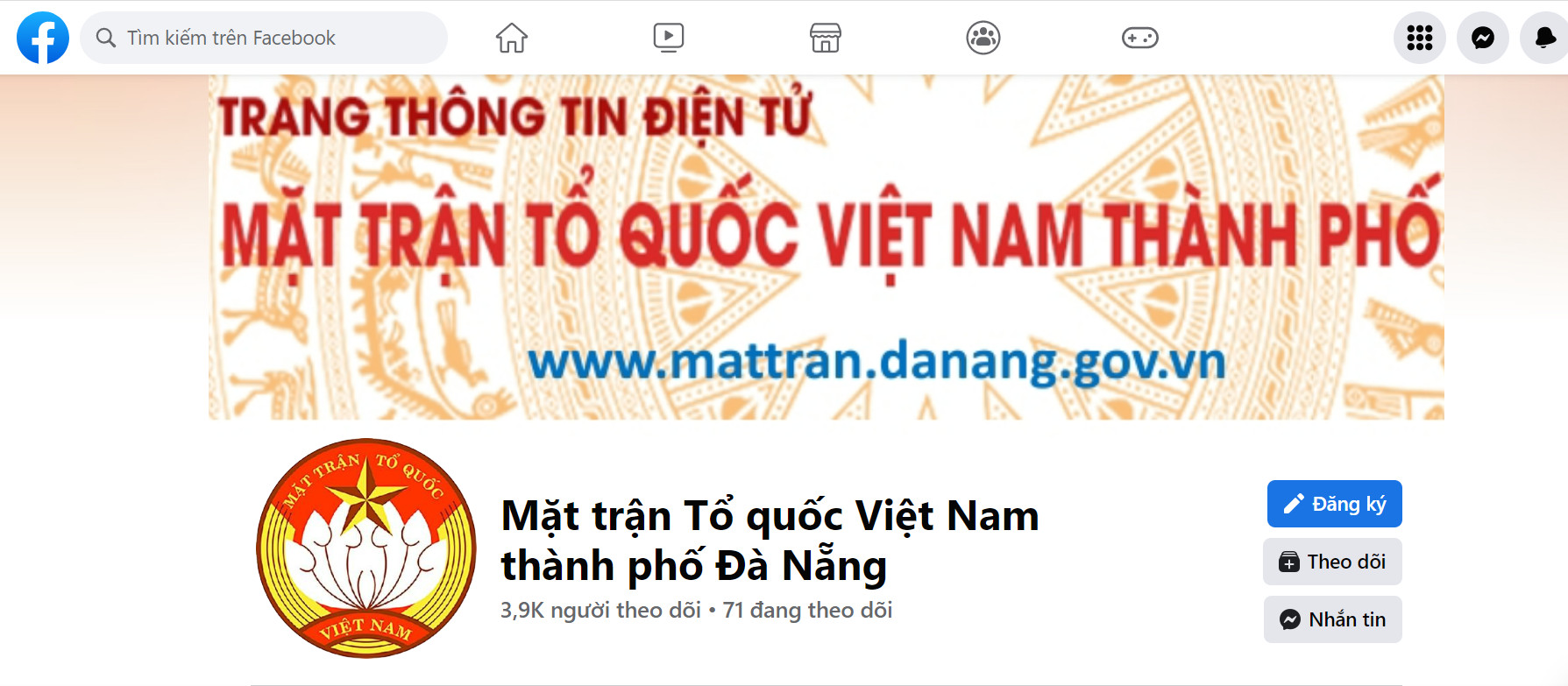 Fanpage “Mặt trận Tổ quốc Việt Nam thành phố Đà Nẵng” có hơn 3.900 lượt theo dõi. (Ảnh chụp màn hình)