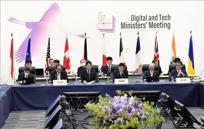 Quang cảnh Hội nghị các Bộ trưởng Công nghệ và kỹ thuật số Nhóm các nước công nghiệp phát triển hàng đầu thế giới (G7) tại Takasaki, tỉnh Gunma (Nhật Bản) ngày 29/4/2023. Ảnh: Kyodo/TTXVN