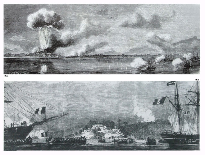 Hình ảnh liên quân Pháp - Tây Ban Nha nổ phát súng đầu tiên vào bán đảo Sơn Trà (ảnh trên) và tàu chiến liên quân nằm ngoài biển Đà Nẵng trước khi nổ súng (ảnh dưới) được triển lãm tại Nghĩa trủng Hòa Vang. Tranh tư liệu