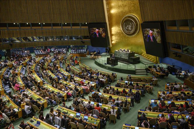 Toàn cảnh một phiên họp của Đại hội đồng Liên hợp quốc ở New York, Mỹ ngày 17-4-2023. Ảnh: AFP/TTXVN