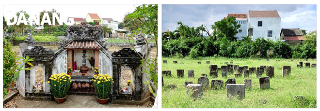 Miếu Vạn Thiện Đồng Quy do chùa Phước Lâm xây theo dạng cuốn thư (ảnh trái) và những tấm bia mộ trong nghĩa địa cùng tên của người Minh Hương. Ảnh: T.M