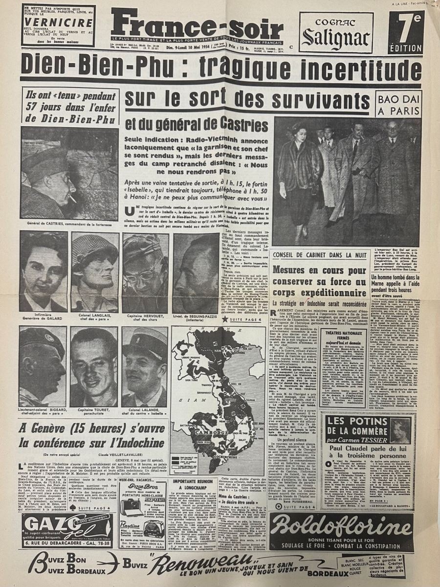 Tờ báo France-soir số ra ngày 9-10-5-1954. Ảnh: Thu Hà/TTXVN